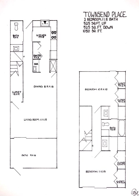 Floor plan for 2 beds, 1.5 baths, 1156 sqft